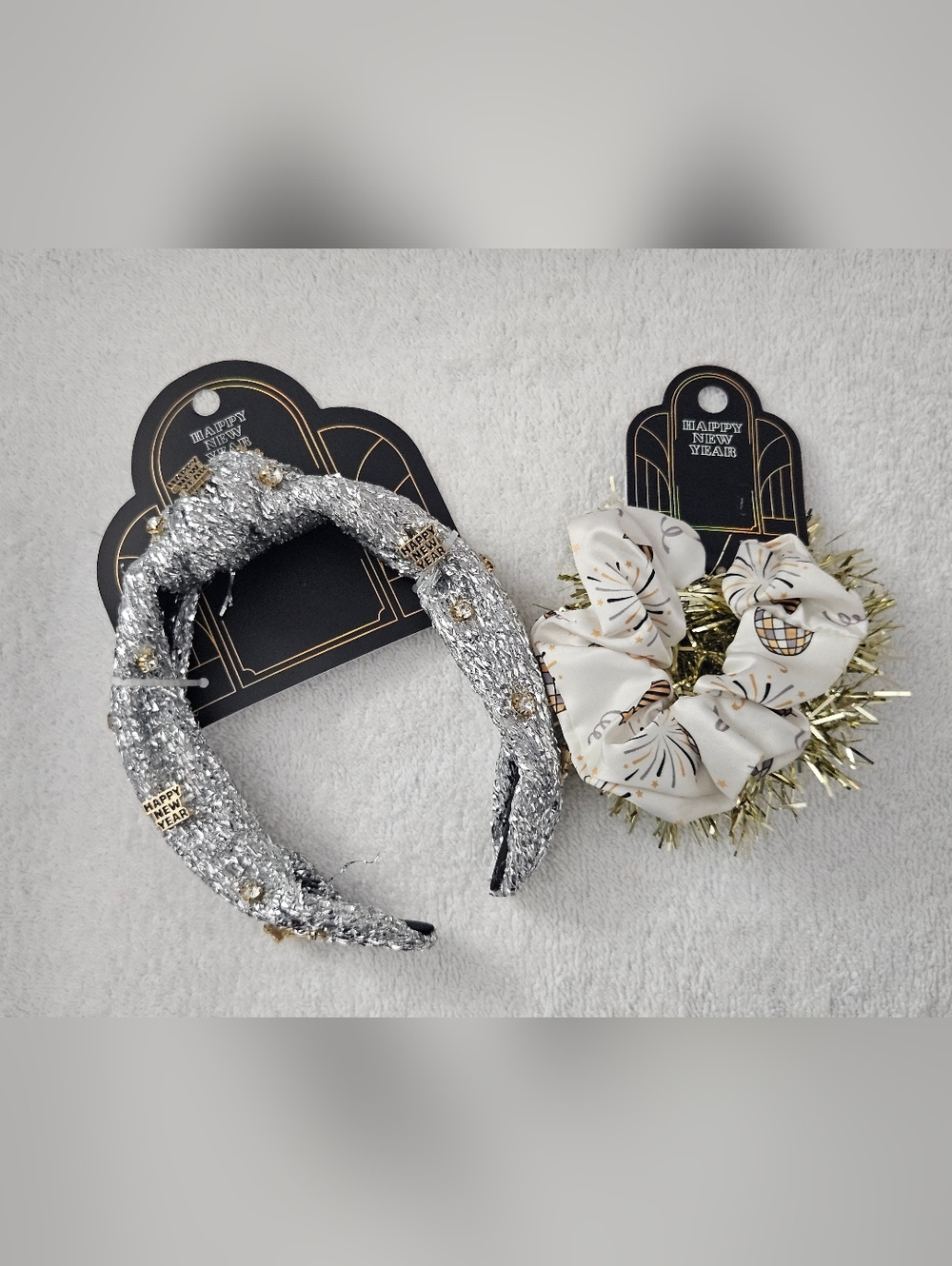 Happy New Year Headband & Scrunchie Set Silver Tinsel Gold Party Charms NYE